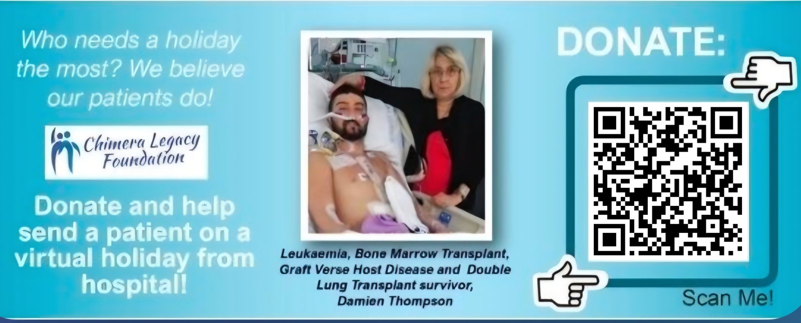 Donate and help send a patient on a virtual holiday from hospital. Photo of founder Damien Thompson in hospital with a QR code to donate