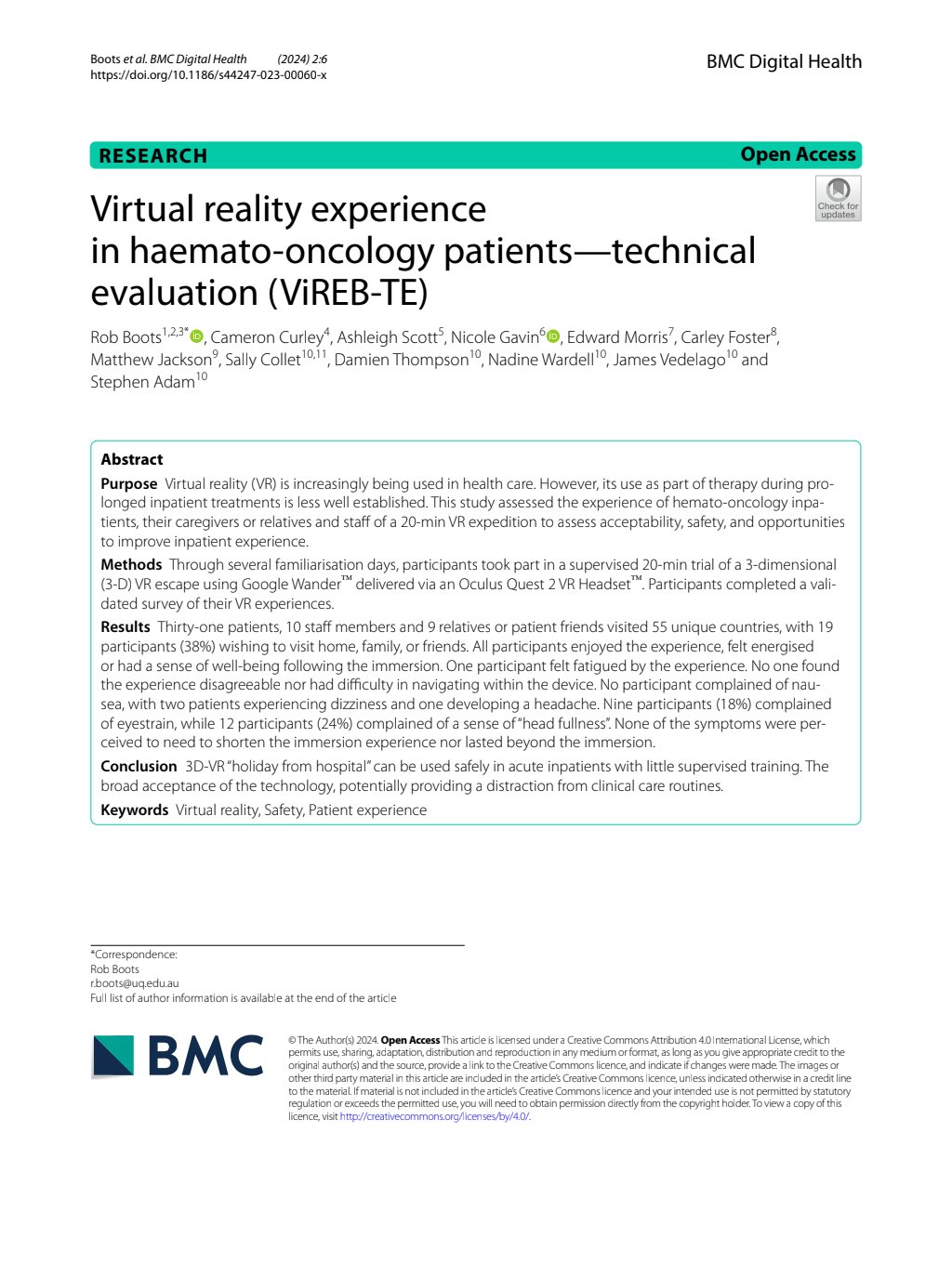 Virtual reality experience in haemato-oncology patients (ViREB-TE), BMC Digital Health